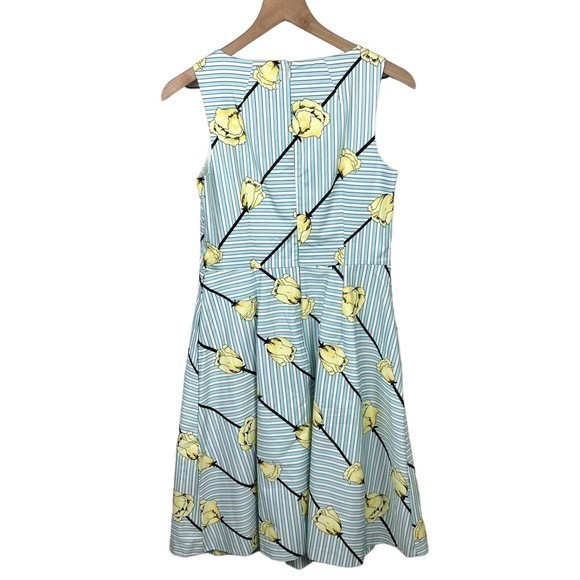 Talbots Womens Blue White Striped Yellow Rose Sleeveless Fit And Flare Dress 2 - Picture 3 of 6
